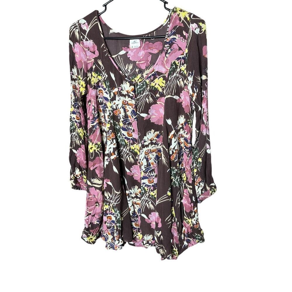 O’Neill Floral Print Brown Pink Long Sleeve Mini Dress Size S